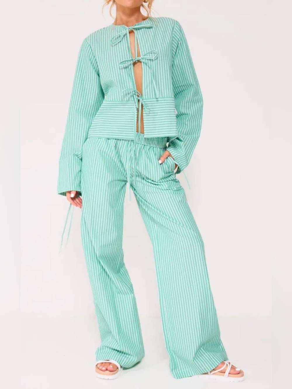 Green Pinstripes Woven Wide Leg Trousers Set (SKU587)